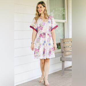 MATILDA JANE Women's Aloha Palm Printed Ruffle Sleeve Dress NWT size small